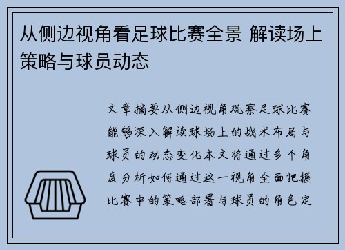 从侧边视角看足球比赛全景 解读场上策略与球员动态