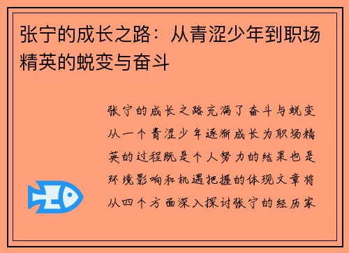 张宁的成长之路：从青涩少年到职场精英的蜕变与奋斗