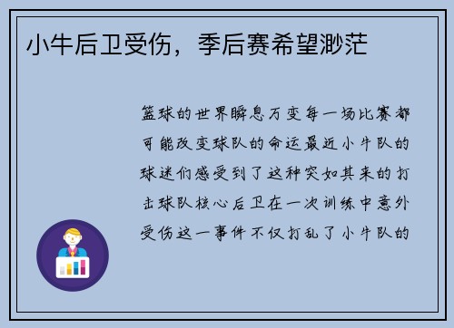 小牛后卫受伤，季后赛希望渺茫